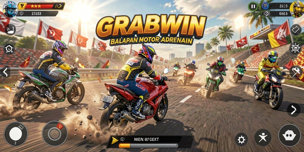 Tampilan seru gameplay balapan motor di GRABWIN.