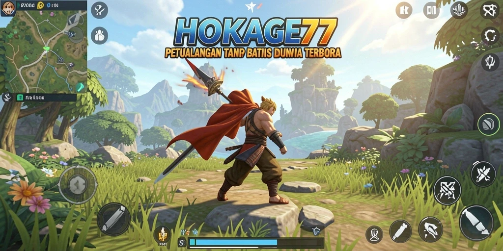 Tangkapan layar gameplay HOKAGE77 menampilkan eksplorasi dunia yang luas.