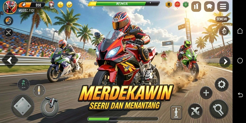 Screenshot menunjukkan aksi balapan menegangkan di MERDEKAWIN.