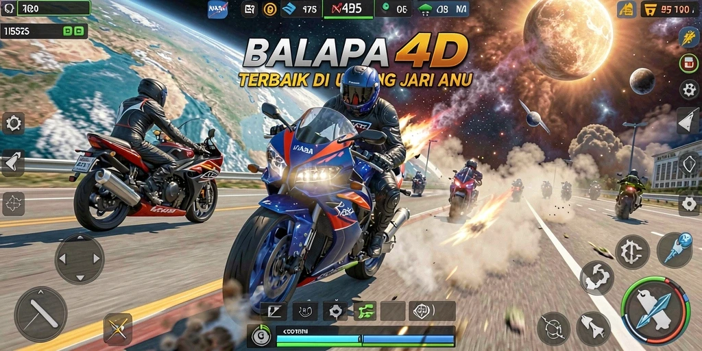 Tangkapan layar dari gameplay <strong>NASA4D</strong> yang menunjukkan balapan motor yang mendebarkan.
