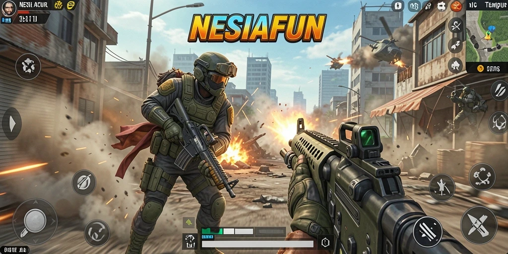 Tangkapan layar permainan <strong>NESIAFUN</strong> menunjukkan aksi menegangkan dalam pertempuran TPS.