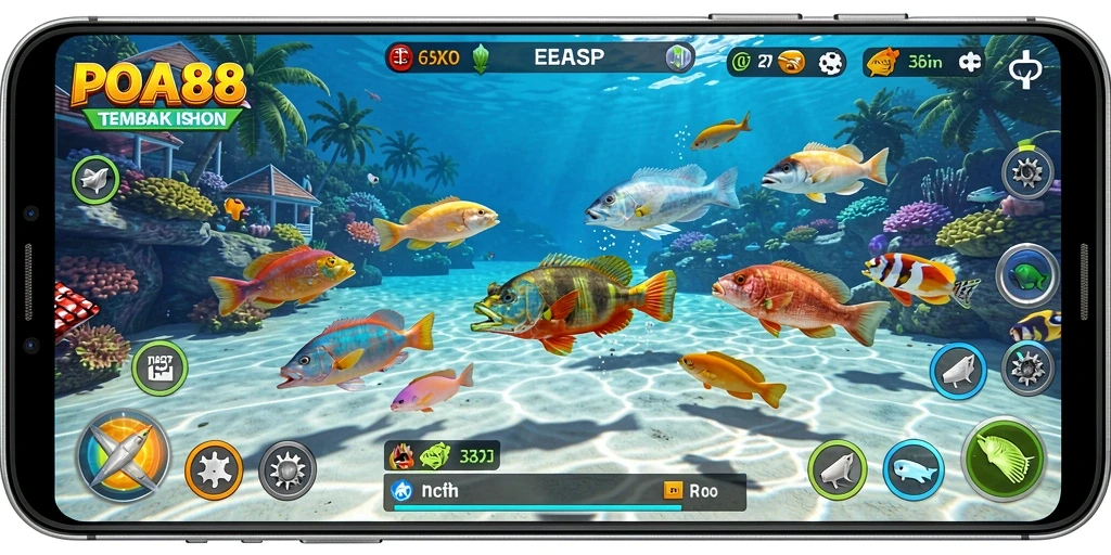 Tampilan gameplay seru dalam POA88, menangkap ikan dengan berbagai senjata.