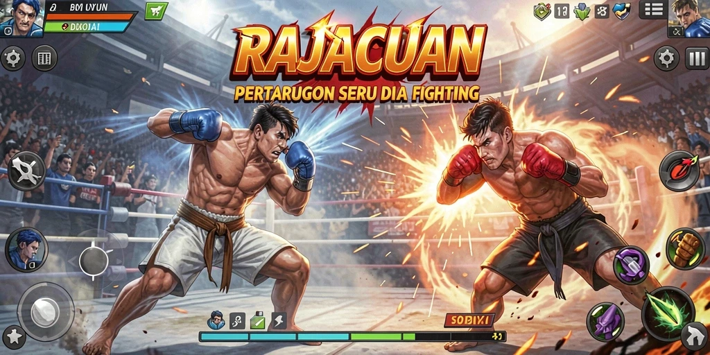 Screenshot menampilkan aksi pertarungan mendebarkan dalam RAJACUAN.