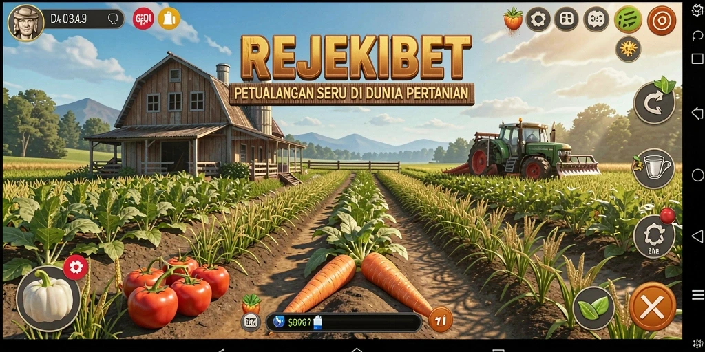 Screenshot gameplay pertanian di REJEKIBET yang menampilkan ladang subur.