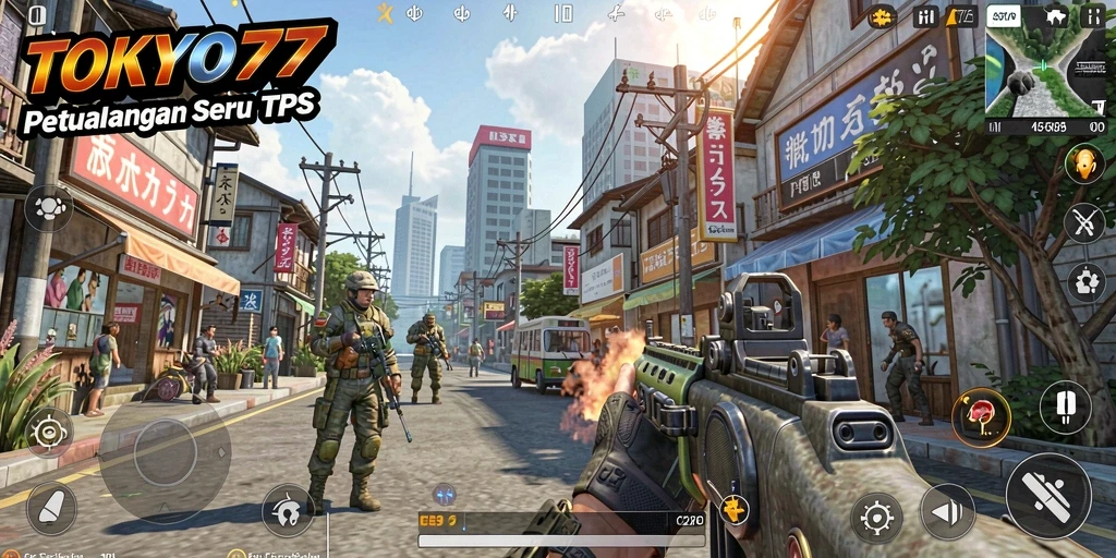 Screenshot menunjukkan aksi mendebarkan dalam TPS di TOKYO77.